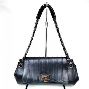 CHANEL Calfskin Mademoiselle Ligne Accordion Flap Shoulder Bag Auth Black Vtg